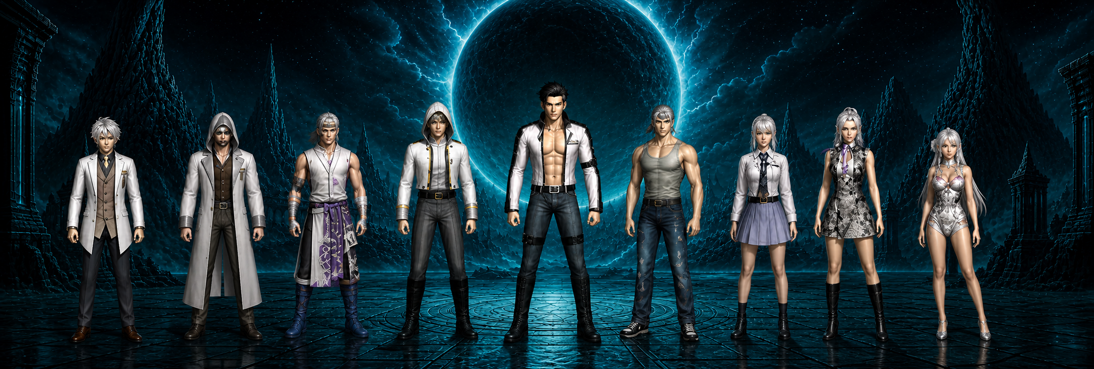 All nine Redmoon Fantasy heroes facing forward beneath a turquoise eclipse